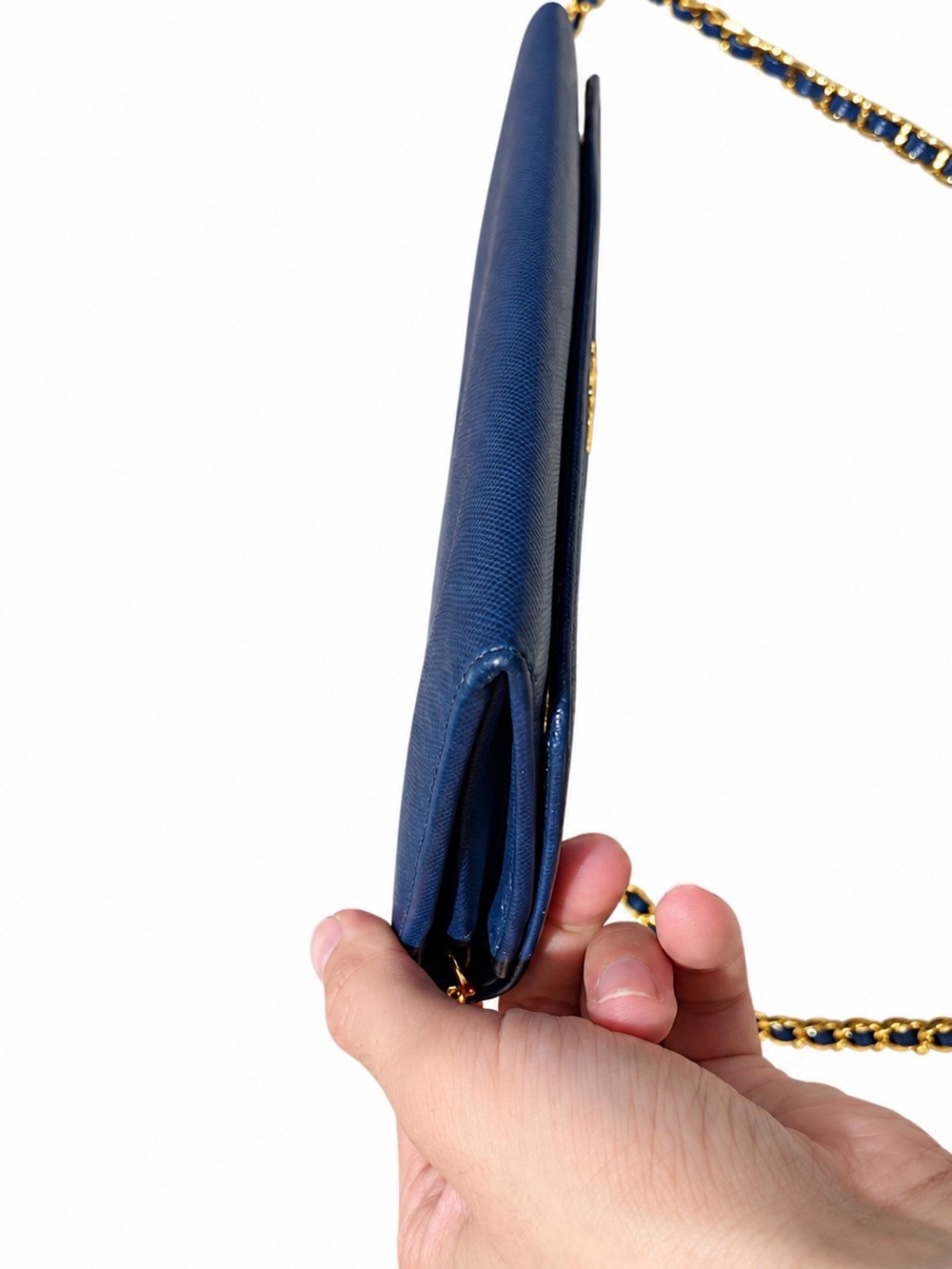 Prada Blue Saffiano Leather Chain Clutch with Gold Chain - Picture 4 of 7